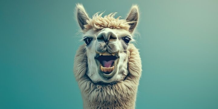 Close-up of a llama with its mouth open, suitable for animal and wildlife themes