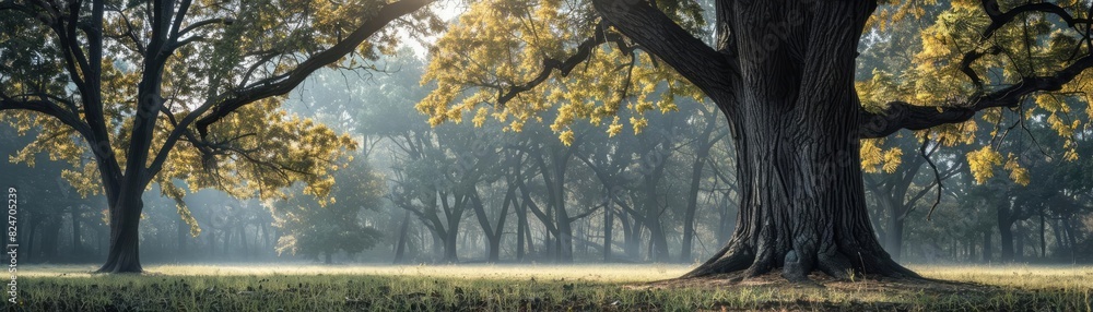 Poster sunlight filters through the branches of majestic trees in a serene forest, casting soft shadows on 
