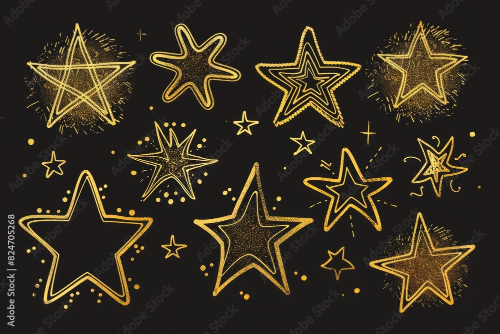 Poster a bunch of gold stars on a dark black background. perfect for adding a touch of elegance and luxury 