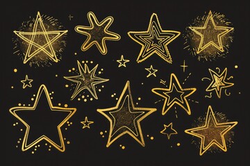 Obraz premium A bunch of gold stars on a dark black background. Perfect for adding a touch of elegance and luxury to any design