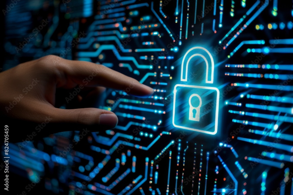 Poster futuristic cloud security illustration with safe data storage and network protection elements in a b