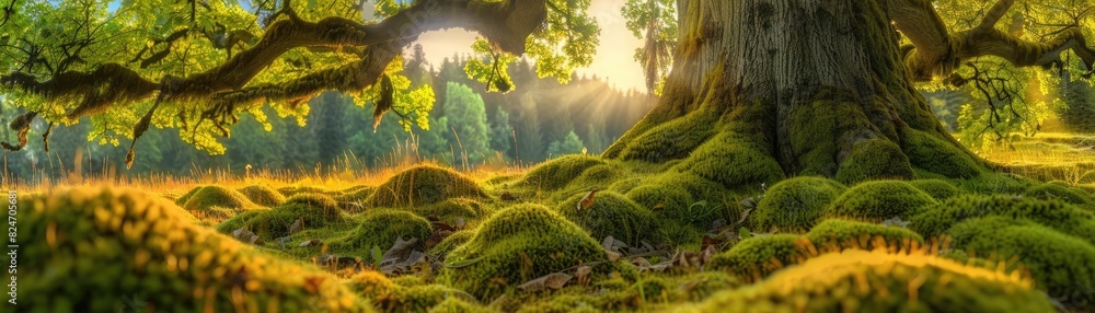 Aufkleber sunrise over a lush forest with moss-covered ground and a towering ancient tree trunk, creating a se