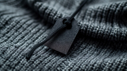 Close-Up of Black Tag on Gray Knitted Fabric with Drawstring