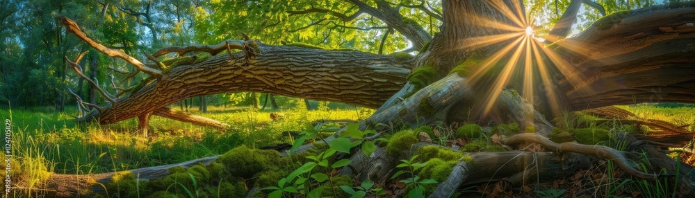 Poster sunny rays filter through the lush green forest foliage, illuminating a fallen tree and creating a s