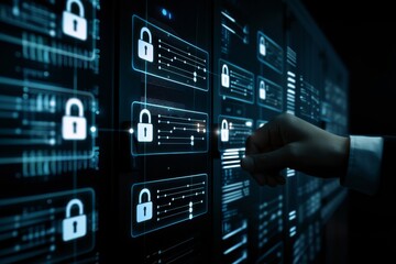 High Tech Cloud Security Illustration with Secure Data Network Elements in a Blue and White Color Scheme