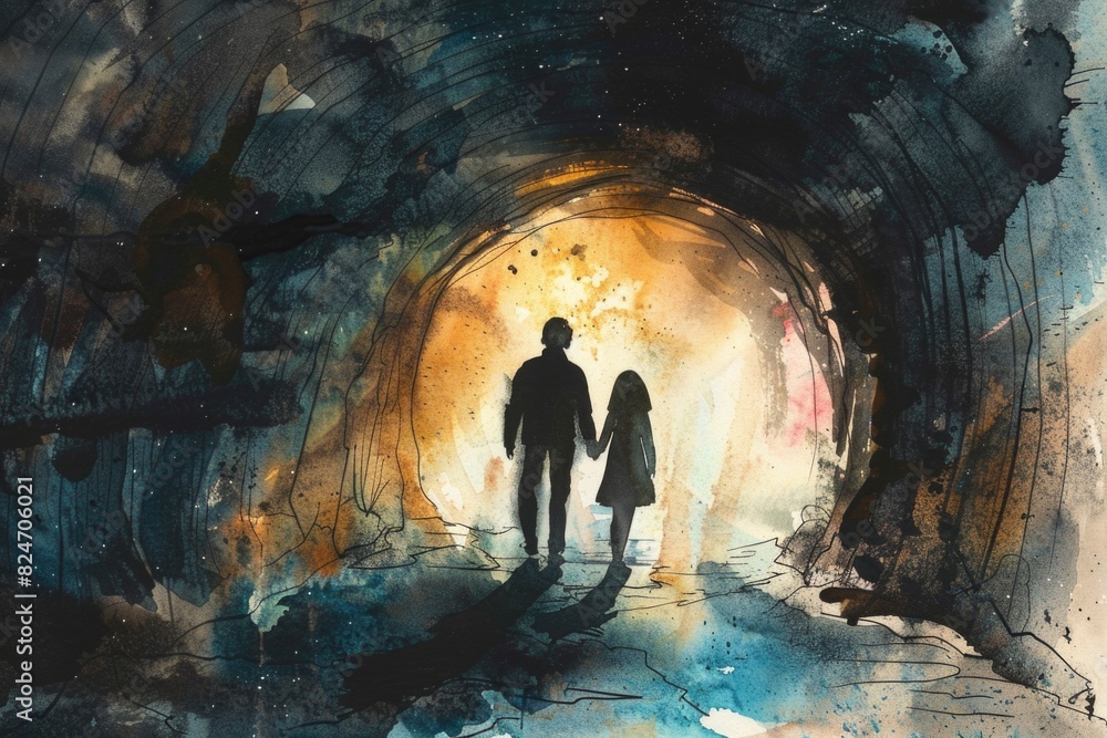 Poster a painting of a couple walking through a tunnel. suitable for various themes