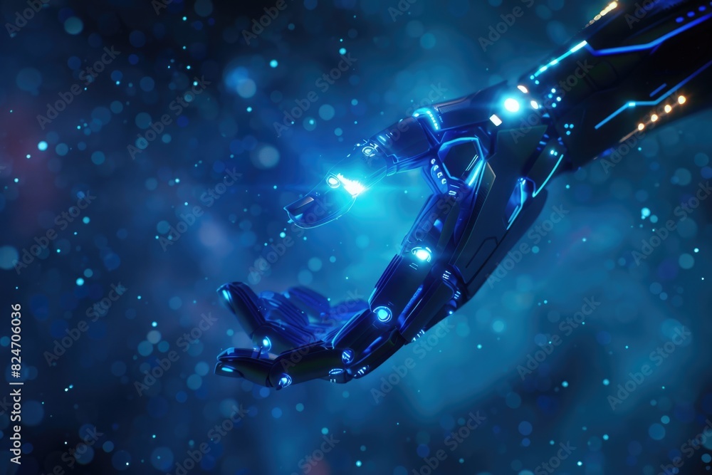 Poster a futuristic robotic hand holding a glowing blue object. perfect for technology concepts