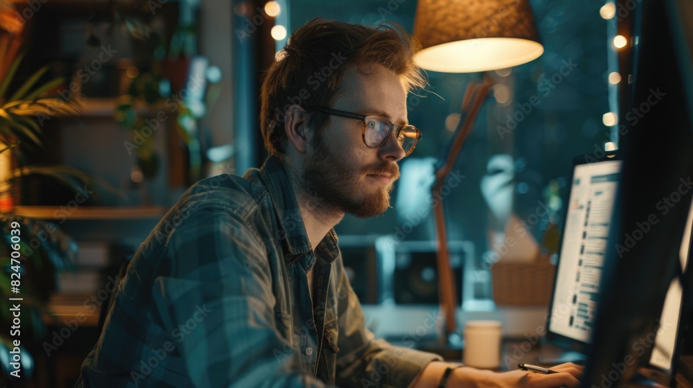 Aufkleber A man sitting at a desk using a computer. Suitable for business and technology concepts