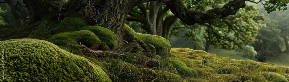 Poster serene forest landscape with ancient trees covered in moss, lush greenery, and soft light filtering 