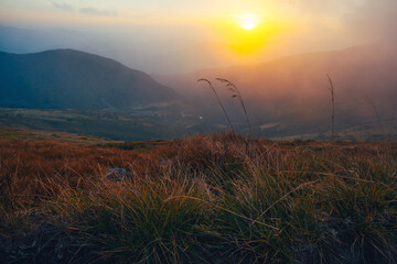 Fototapeta premium Amazing sunset in Ukrainian Carpathian mountains , Chornigysrsyi hrebet range