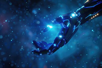Naklejka premium A futuristic robotic hand holding a glowing blue object. Perfect for technology concepts