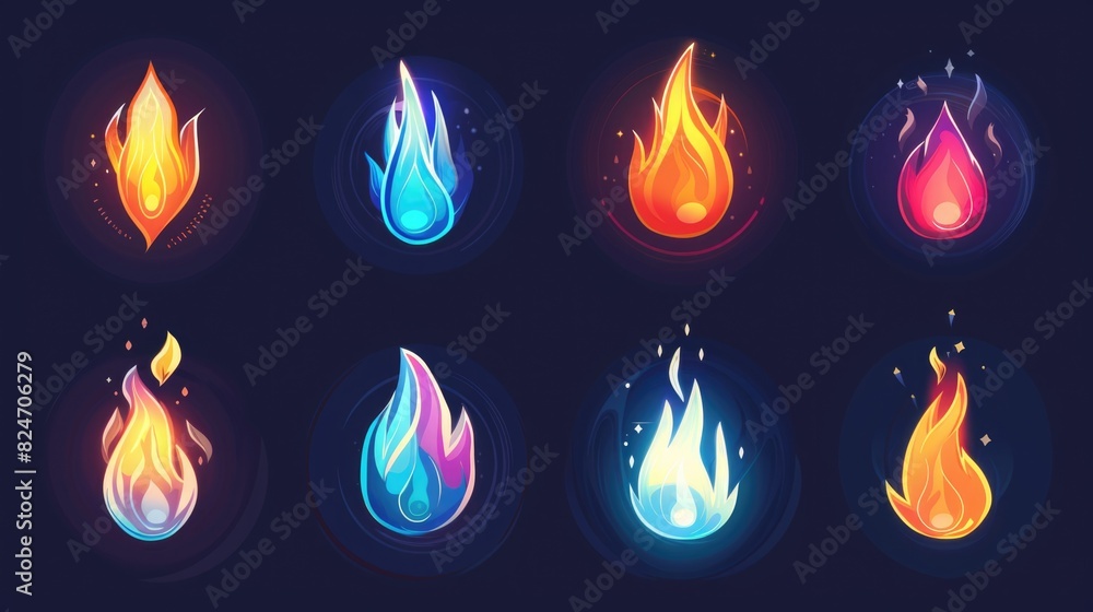 Poster a set of six different colored fire flames. suitable for various design projects