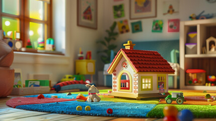 A child-friendly living room with a cozy play area and colorful toys scattered on the floor. The  focuses on a hand-built wooden dollhouse 