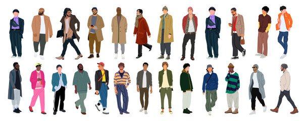 Bundle of Street fashion men vector illustrations. Young men wearing trendy modern street style outfit standing and walking. Cartoon stylish male characters isolated on transparent background.