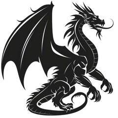 Majestic black dragon silhouette on white. Mythical creature in vector art.
