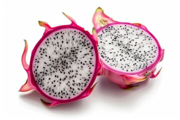 Close-up of a fresh, sliced dragon fruit with vibrant pink skin and speckled white flesh. Isolated on a white background.