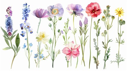 Collection of watercolor wildflowers each with a dash of whimsy