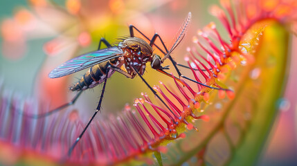 Macro Shot of Mosquito on Carnivorous Plant with Vibrant Colors