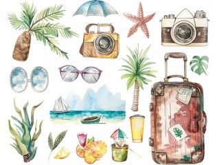 Collection of watercolor travel and vacation icons from a suitcase to a camera