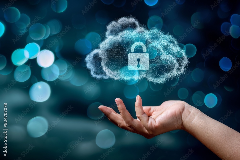 Poster advanced cloud security with circuit board illustration highlighting secure digital networks in a bl