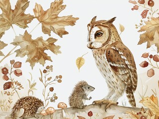 Obraz premium Series of watercolor woodland creatures including a wise old owl