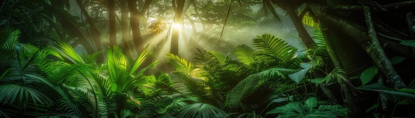 Sunlight filtering through dense tropical forest foliage, highlighting the lush greenery and serene atmosphere.