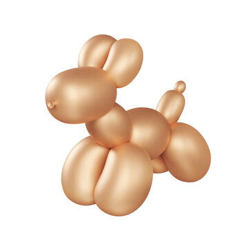 3d balloon dog. Inflated puppy render. Golden glossy bubble animal. Vector illustration. Isolated cartoon creative element. Funny realistic party toy.