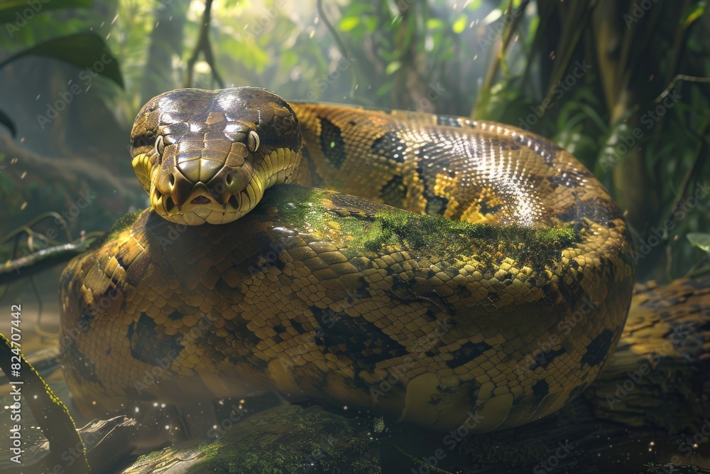 Poster a large snake perched on a tree branch. suitable for nature and wildlife themes