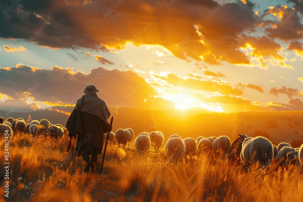 Poster a man standing in a field with a herd of sheep. suitable for agricultural or rural concepts