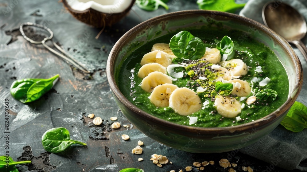 Poster a bowl of spinach soup with bananas and cheese. perfect for food and recipe websites