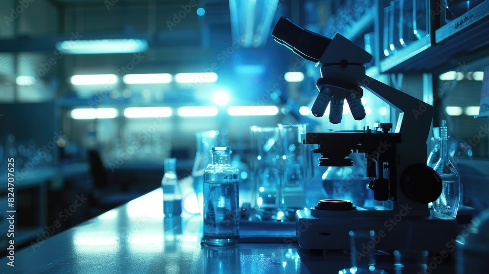 Poster a hand holding a microscope in a laboratory setting. suitable for scientific and research concepts