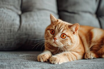 An orange cat lounging on a comfortable couch. Suitable for pet-related designs