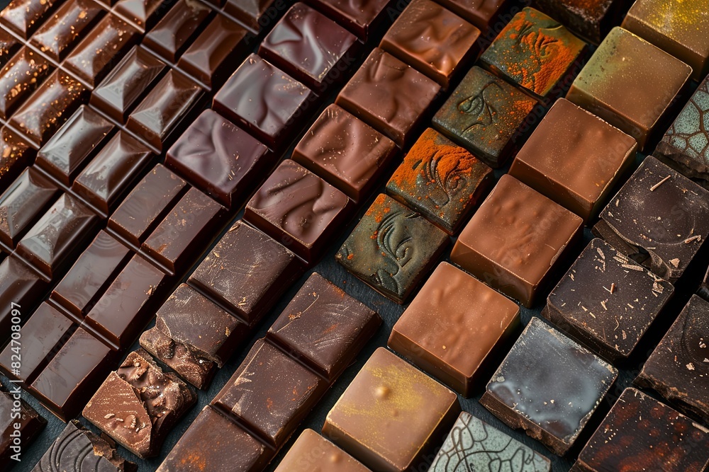 Poster Various types of chocolate bars neatly arranged on a table with rich colors and high detail. Generative AI
