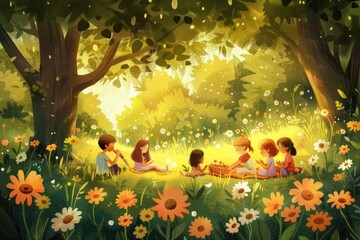 Joyful Children s Picnic in Vibrant Animated Park with Talking Flowers