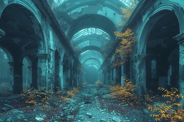 Mysterious, overgrown, abandoned building with arched hallways.