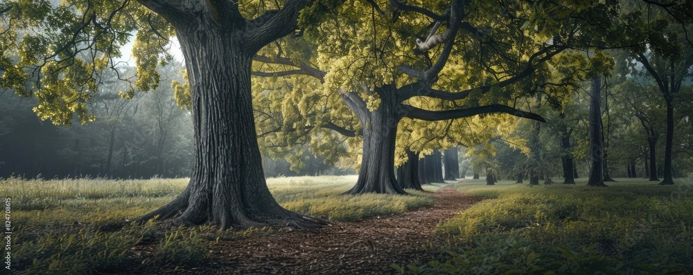Poster tranquil forest path with large trees and lush greenery, illuminated by soft sunlight, showcasing th