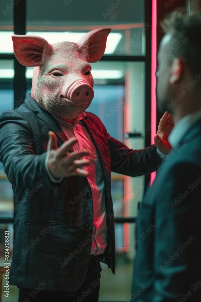 Poster a man wearing a suit and a pig mask. suitable for various themes