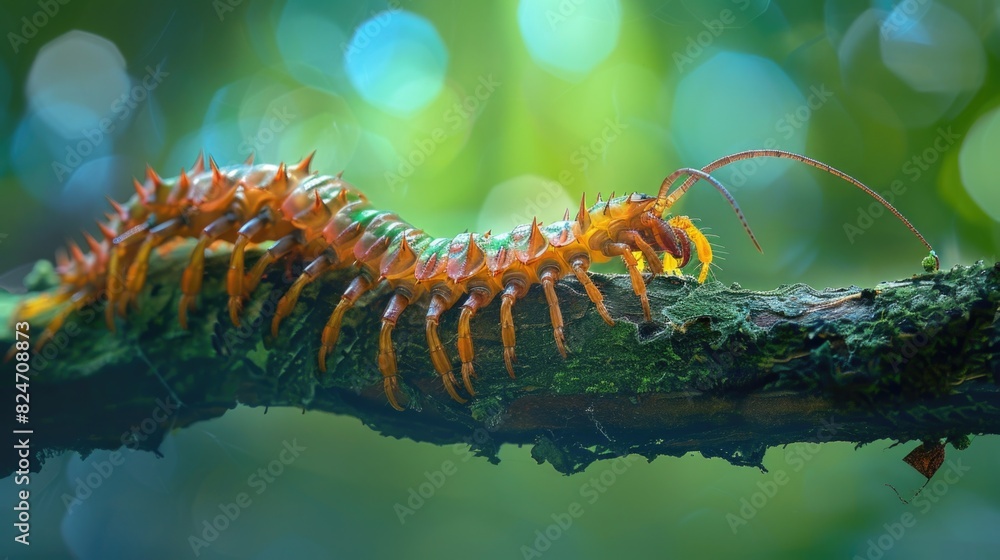 Poster A bug crawling on a branch in the forest. Perfect for nature and wildlife themes