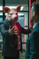 A man wearing a suit and a pig mask. Suitable for various themes