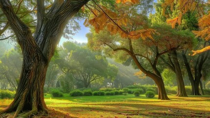 Fototapeta premium Serene autumn morning in a lush park, with sun rays streaming through colorful trees and vibrant green grass.