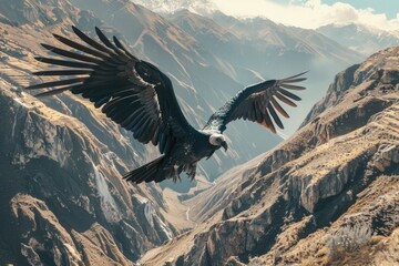 Fototapeta premium A majestic bird soaring over a rugged mountain landscape. Suitable for nature and wildlife themes