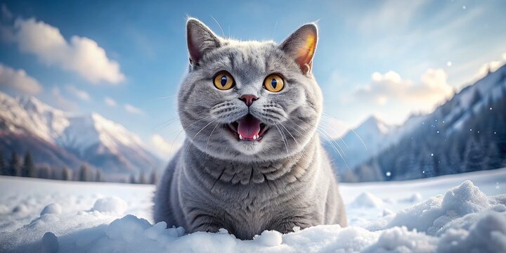 A blue British shorthair cat playing in the snow with a happy expression