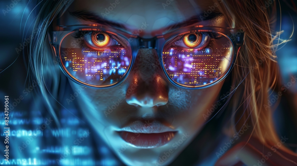 Poster cute woman software developer girl floating in the internet, deep web and hacking the code base. gen