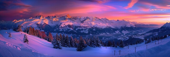 Mountains Night. Panoramic Sunset View of Crans-Montana Range in Swiss Alps with Snow-covered Peak and Starry Sky