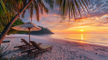 Beautiful tropical sunset scenery, two sun beds, loungers, umbrella under palm tree. White sand,...