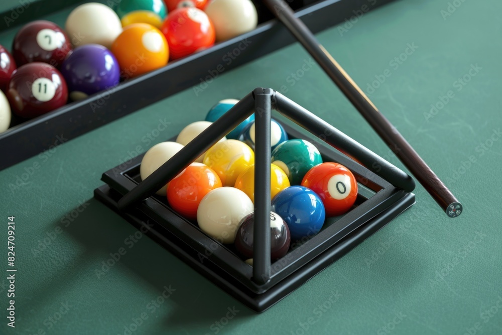 Poster A pool table with colorful balls and cues. Ideal for sports and leisure concepts