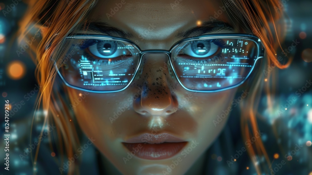 Poster cute woman software developer girl floating in the internet, deep web and hacking the code base. gen