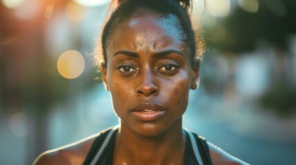 Black Woman Exhausted. Fitness in the City: Tired Female Runner After Cardio Workout