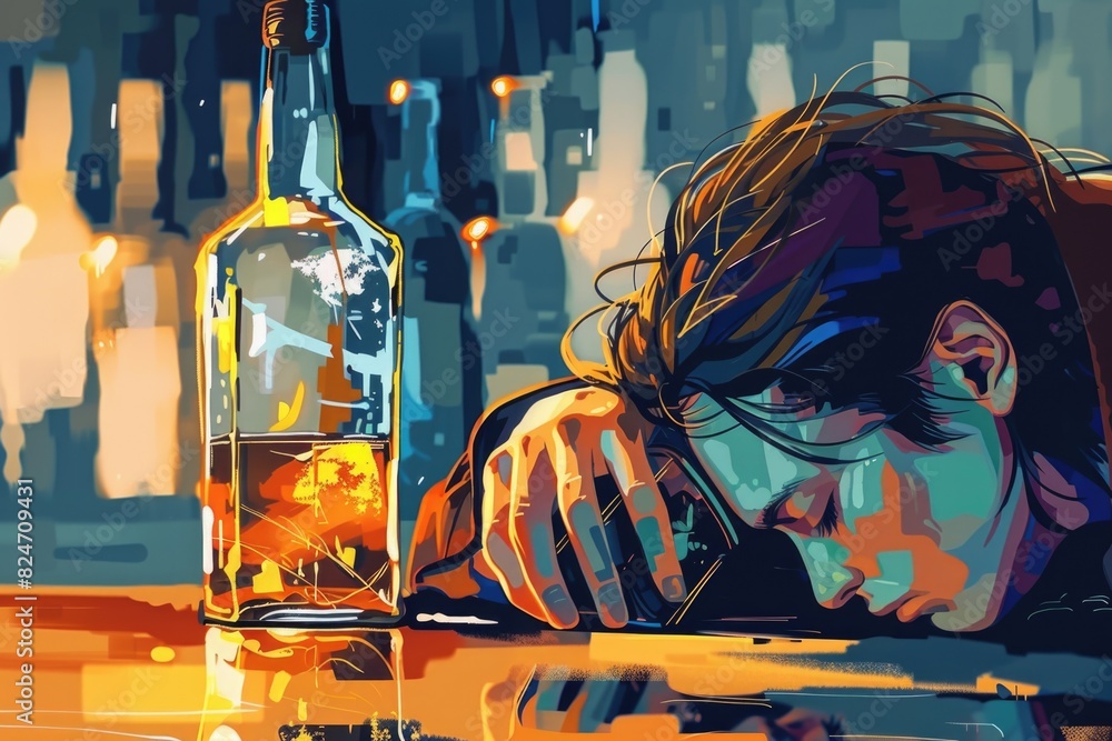 Poster a man leaning on a bar with a bottle of alcohol. suitable for bar and nightlife themes
