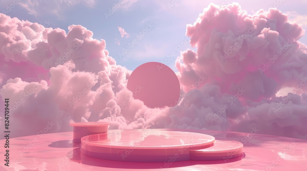 Aufkleber the 3d rendered landscape model of a pink sandbox with a circle display platform on the floor and a 